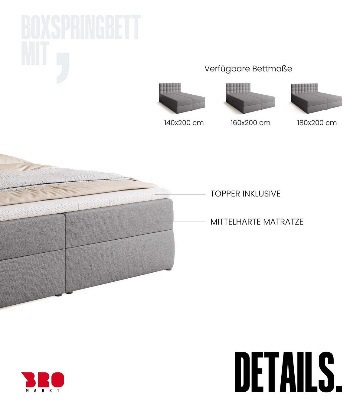 BOXBETT Detroit mit Topper 180/200 Grau - Grau, Textil (180/200cm) - Bromarkt