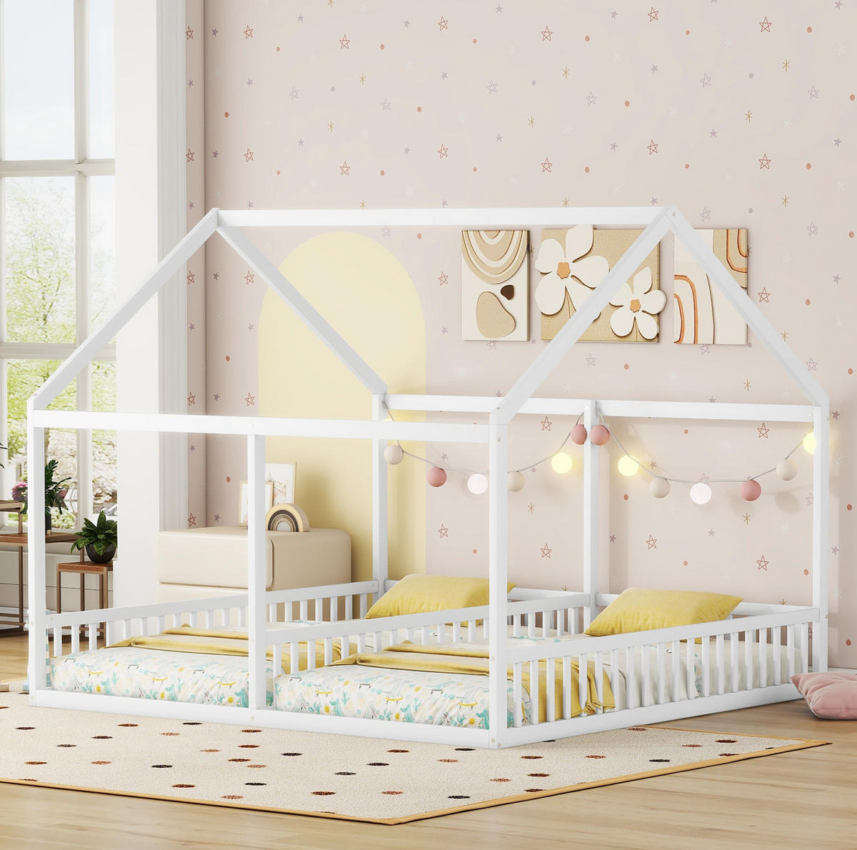 HAUSBETT aus Kiefer 90x200 cm Weiß als 2-in-1 Hausbett mit Mittelgeländer und Schutzleisten - Weiß, Holzwerkstoff (90/200cm) - Modfu