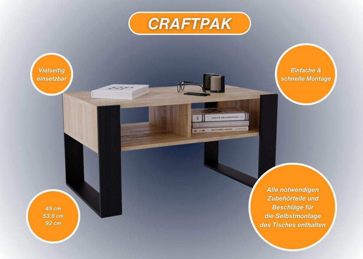 COUCHTISCH Holzwerkstoff rechteckig stabil Sonoma Eiche 45/53,6/92cm - Schwarz/Sonoma Eiche, Holzwerkstoff (53.6/92/45cm) - CraftPAK