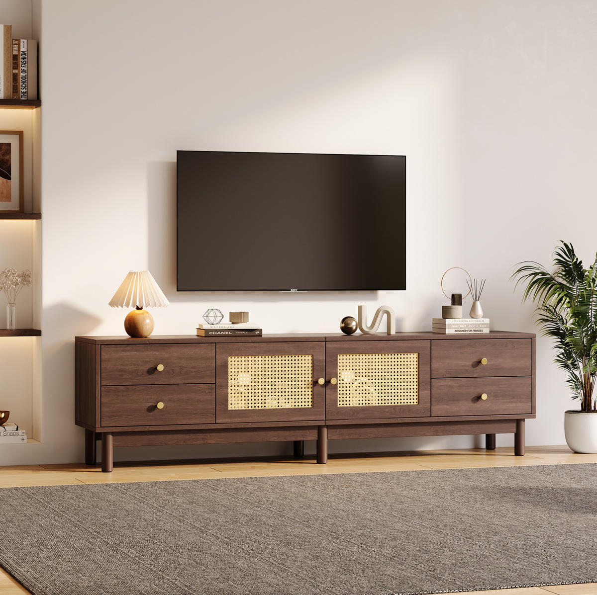 TV-SCHRANK 180/35/44 cm braun Spanplatte mit Rattantüren und 4 Schubladen - Rotbraun, Holzwerkstoff (180/44/35cm) - OKWISH