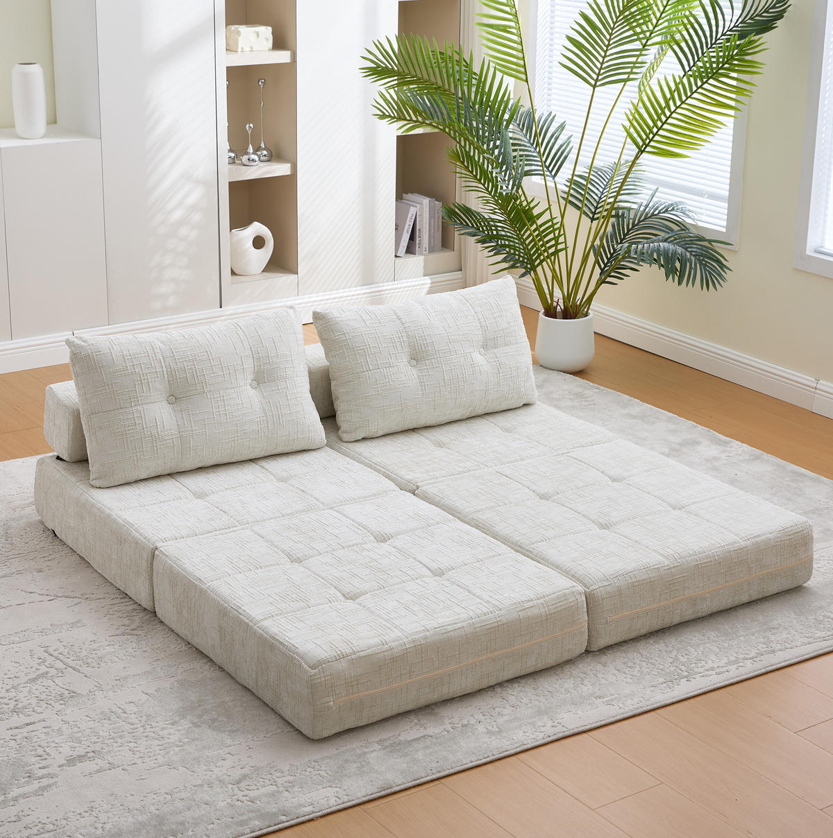 SCHLAFSOFA 79/79/57 cm in Beige – faltbar mit Kissen und Chenillebezug - Beige, Textil (79/57/79cm) - BEAOK