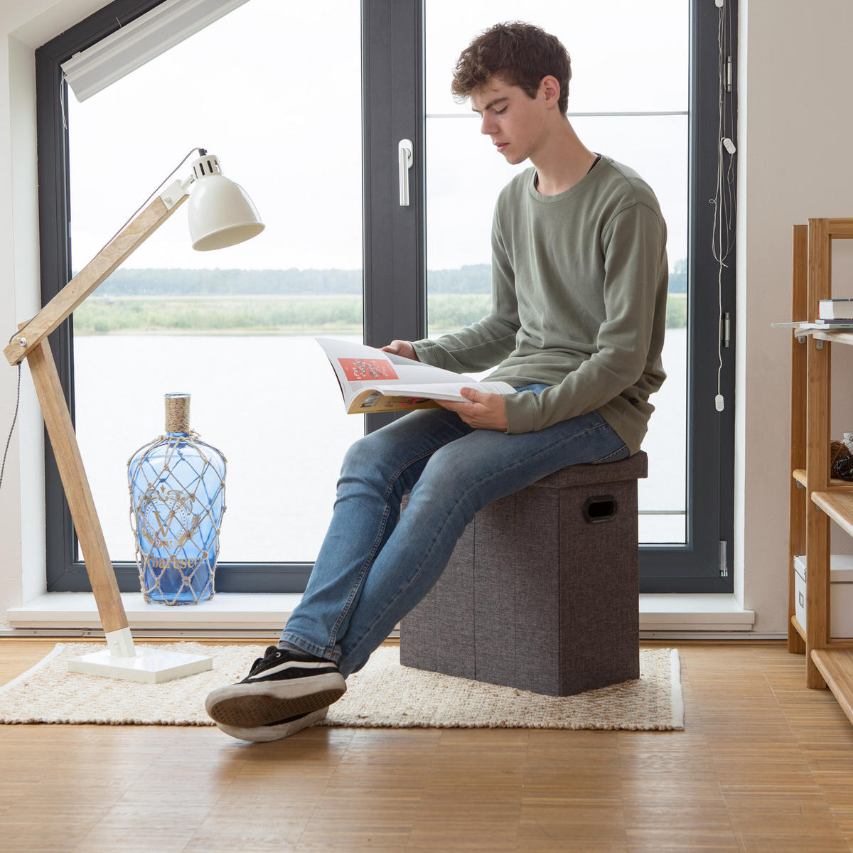 TABURET Tamnosiva sklopivi s prostorom za pohranu 49,5 cm - antracit, drvni materijal/tekstil (46/49.5/25.5cm) - Relaxdays