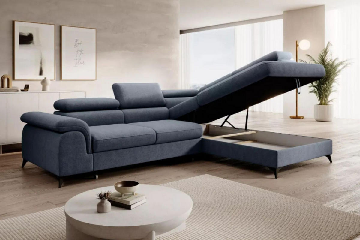 ECKSOFA PLAZA L Rechts mit Schlaffunktion 125x195 Velours Blaugrau - Blaugrau/Schwarz, Holz/Kunststoff (275/205cm) - Muffo