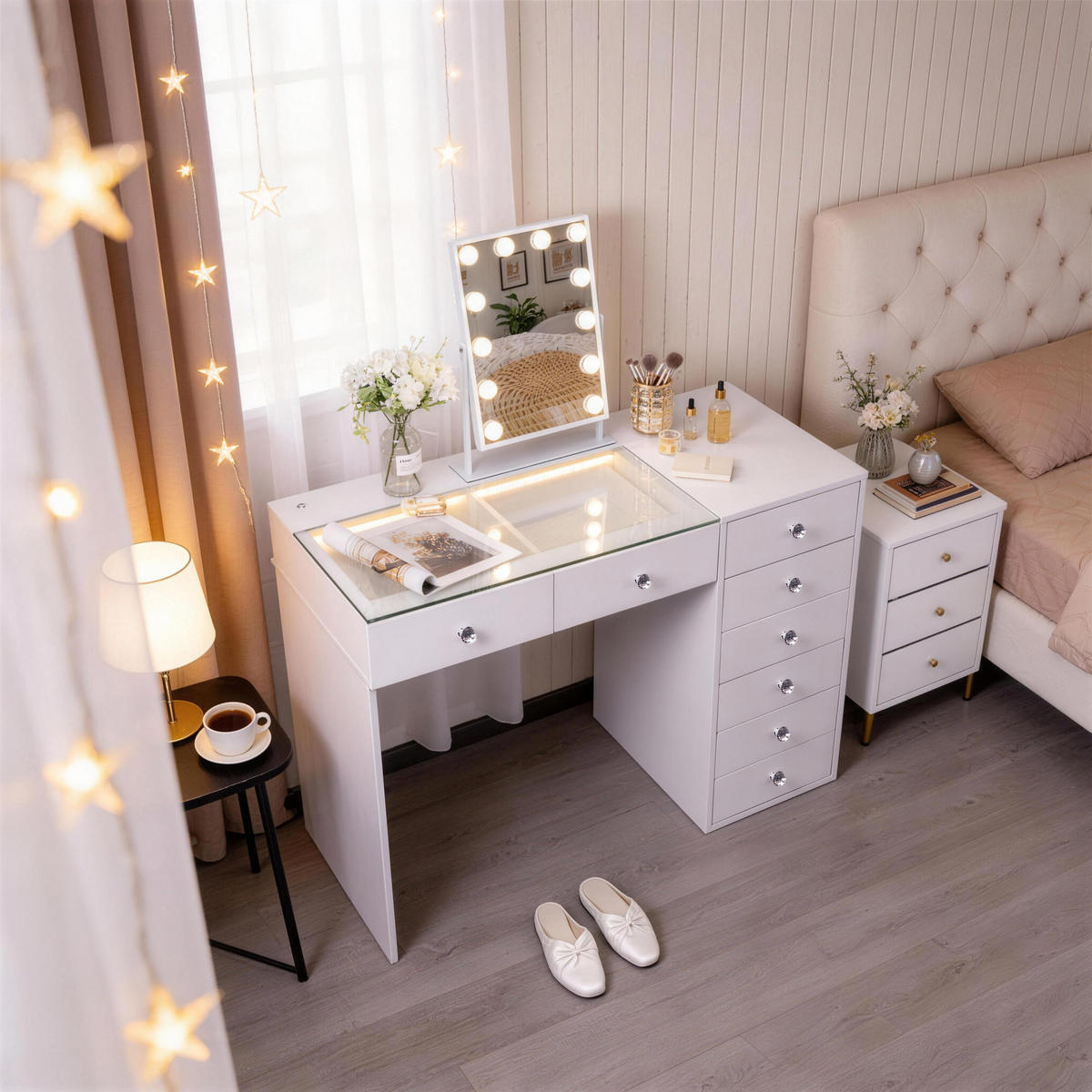 SCHMINKTISCH mit 8 Schubladen 120/55/81 CM und LED Beleuchtung Schminkspiegel Lichtleiste weiß 30/41 cm - Weiß, Holz (55/81/120cm) - VANITII