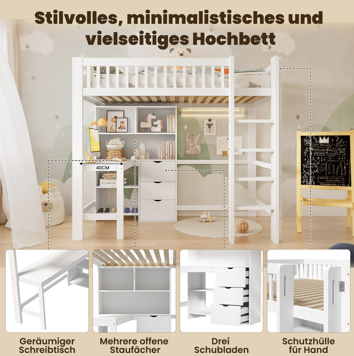 HOCHBETT 90/200 cm aus Kiefer und MDF mit Schreibtisch und 3 Schubladen Weiß - Weiß, Holz (90/200cm) - Modenvie