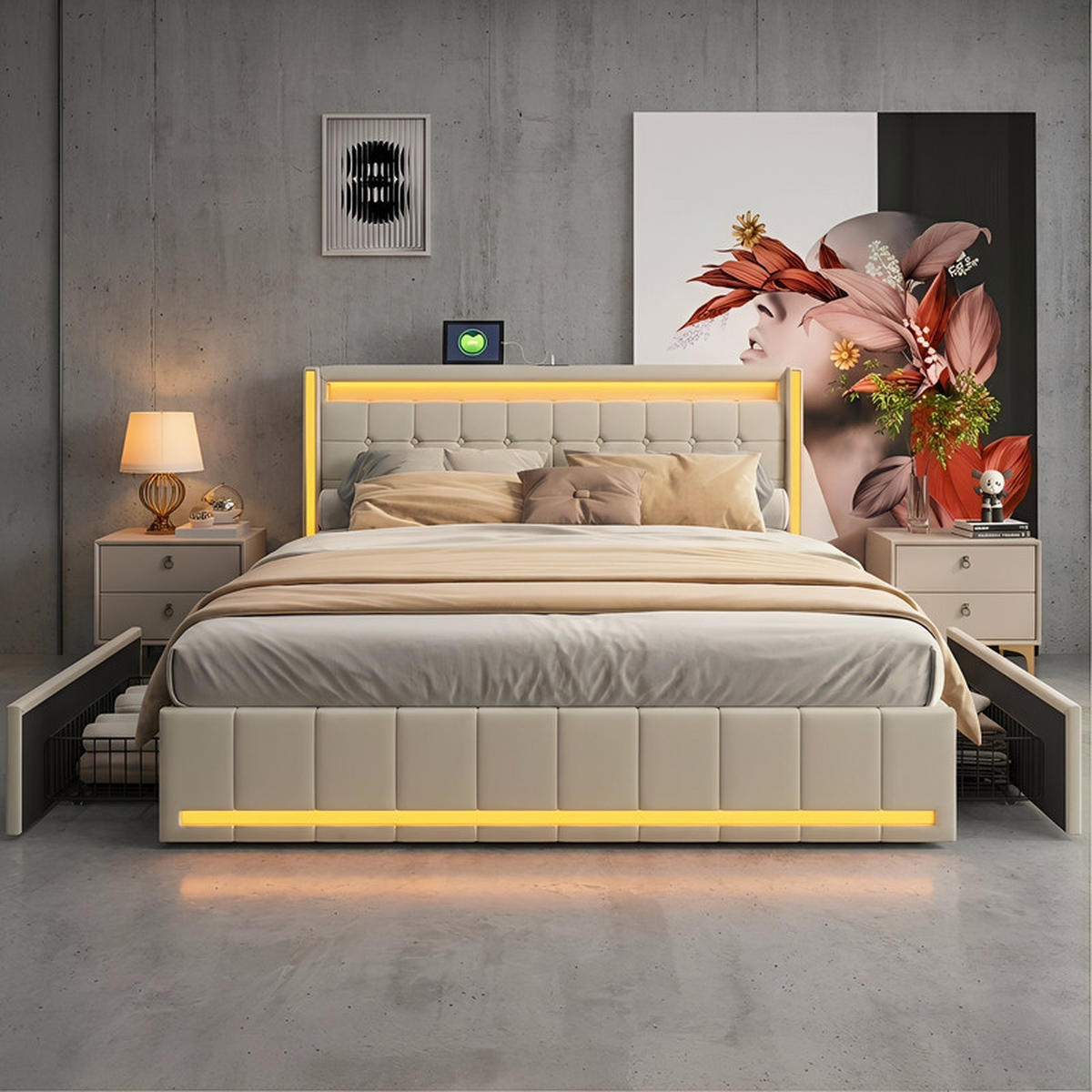 ČALÚNENÁ posteľ 140/200 cm béžová so zásuvkami, LED a USB - béžová, drevo - SHOPENTRA