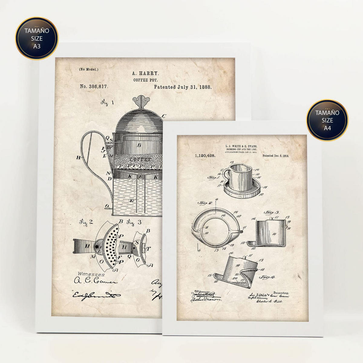 POSTER Set Mit 6 Plakaten Mit Kaffeemaschine Patenten Im Vintage Stil A3 & A4 Weißer Rahmen - Weiß, Papier (29/3cm) - Nacnic