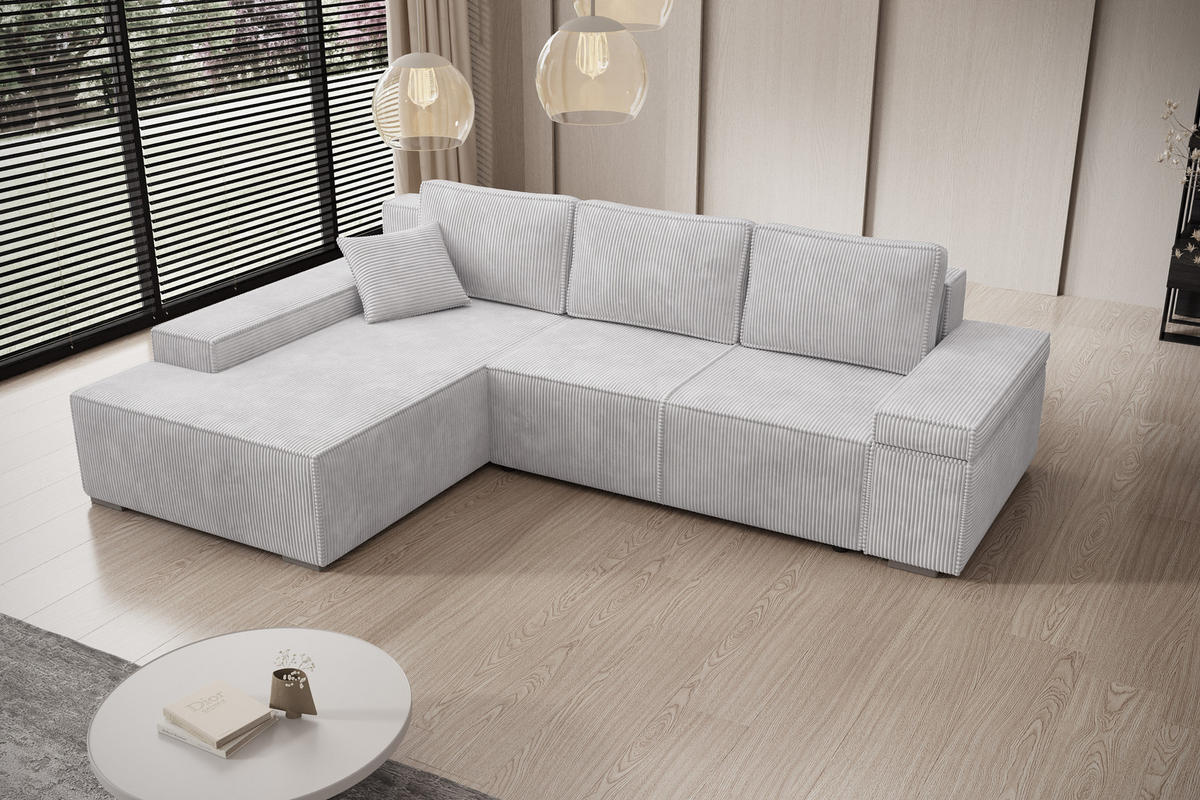 ECKSOFA Milo mit Schlaffunktion und Bettkasten, Couch L-Form, Cord-Stoff, 273x85x185 cm, Grau - Grau, Holz (185/273cm) - PROMETO Möbel