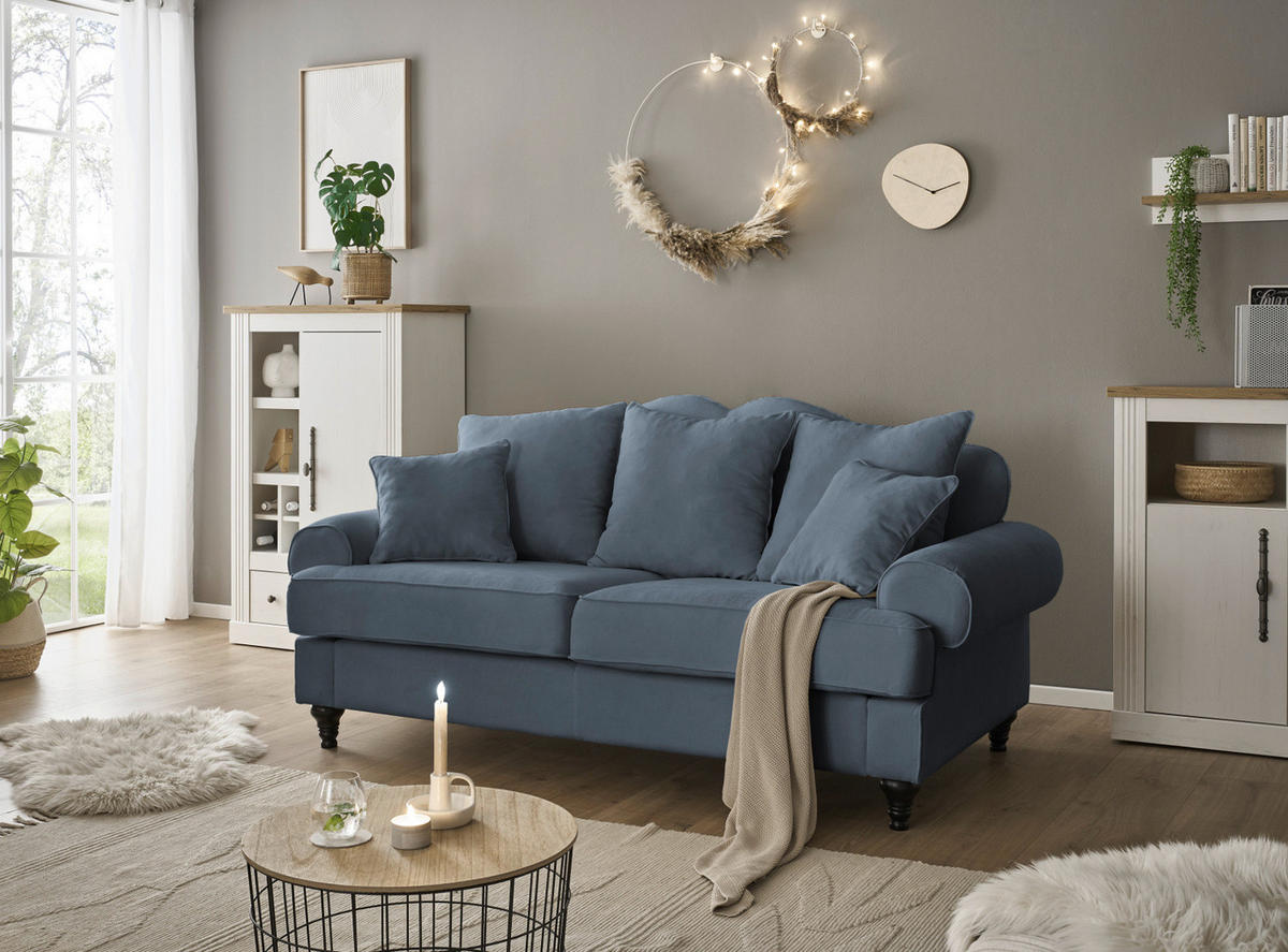 SOFA blau Landhaus, Couch 3-Sitzer 200 cm - Blau, Holz/Textil (200/95/100cm) - Furn.Design