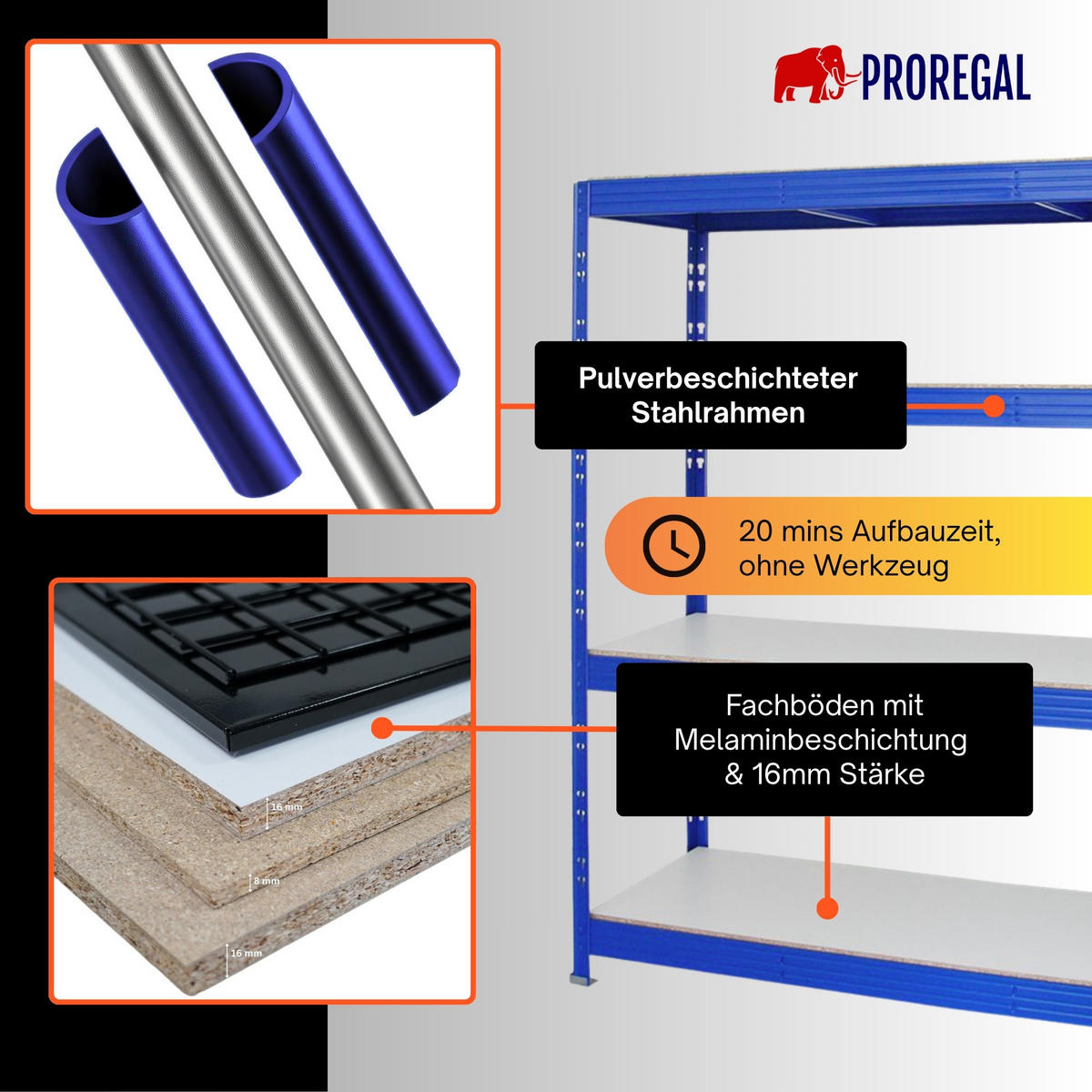 SCHWERLASTREGAL Rhino 180x160x60 cm 4 Melamin-Ebenen 16mm Fachlast 500 kg Blau - Blau/Weiß, Metall (160/180/60cm) - PROREGAL
