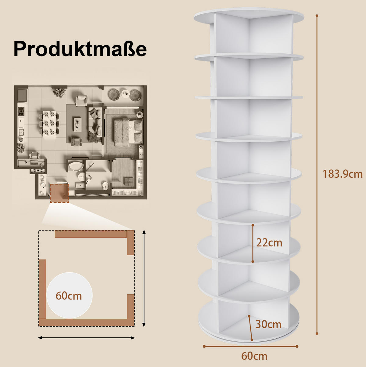 SCHUHREGAL 8 Ebenen 60/60/184 cm, drehbar in Weiß aus PVC - Weiß, Holzwerkstoff (184/60/60cm) - BEAOK
