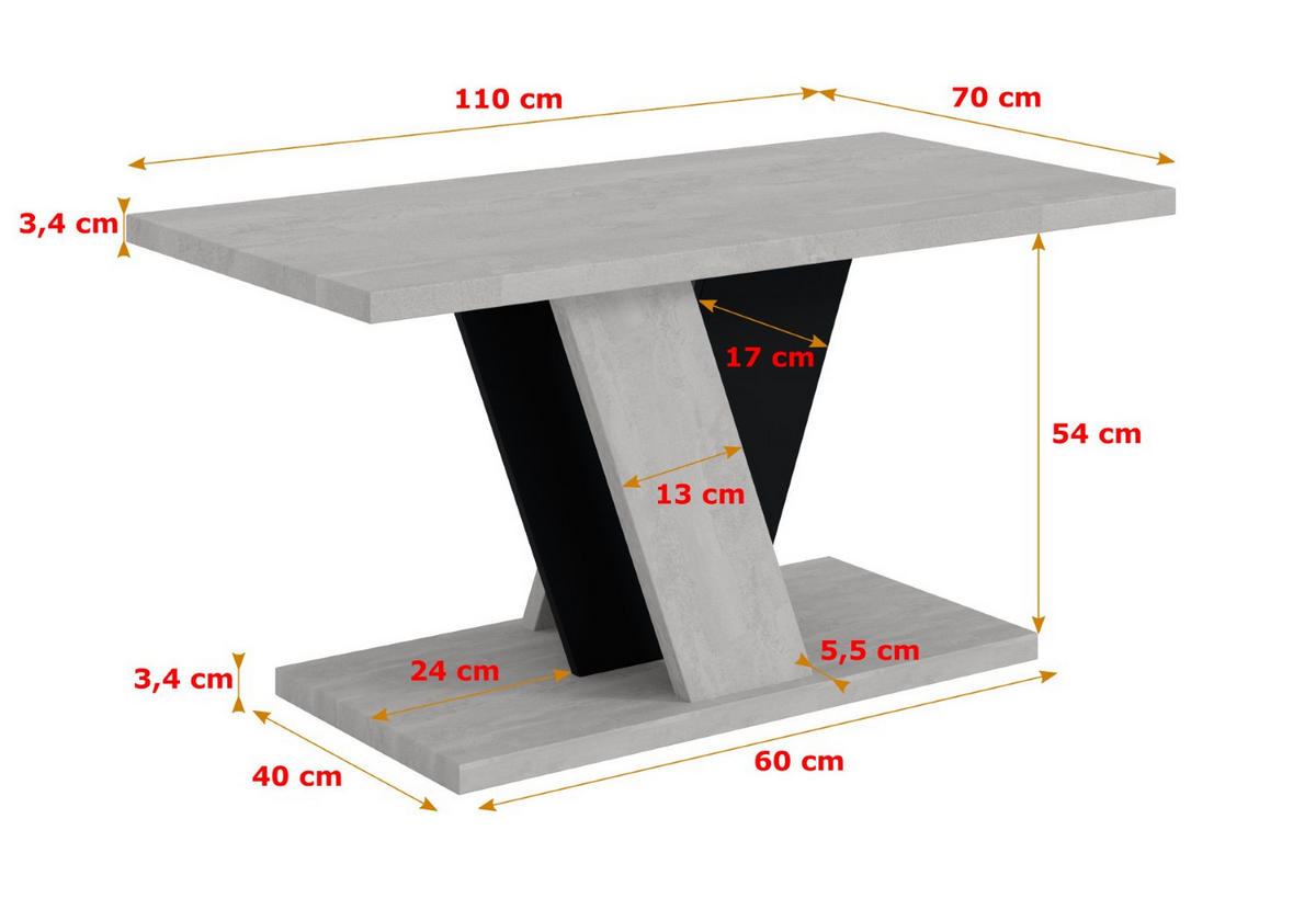 KAFFEETISCH 110x70x60 cm - Betonoptik K350 / Schwarz - INEY - Schwarz, Holzwerkstoff (110/70/60cm) - ALTDECOR