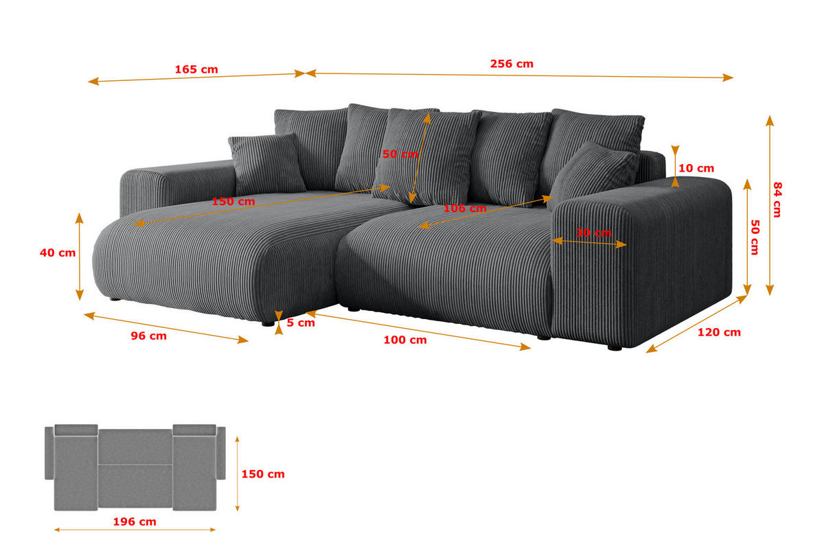 ECKSOFA mit Schlaffunktion und Bettkasten ESKAR-L 256x165x84cm Grau Cord - Dunkelgrau/Schwarz, Holzwerkstoff/Kunststoff (256/165cm) - ALTDECOR