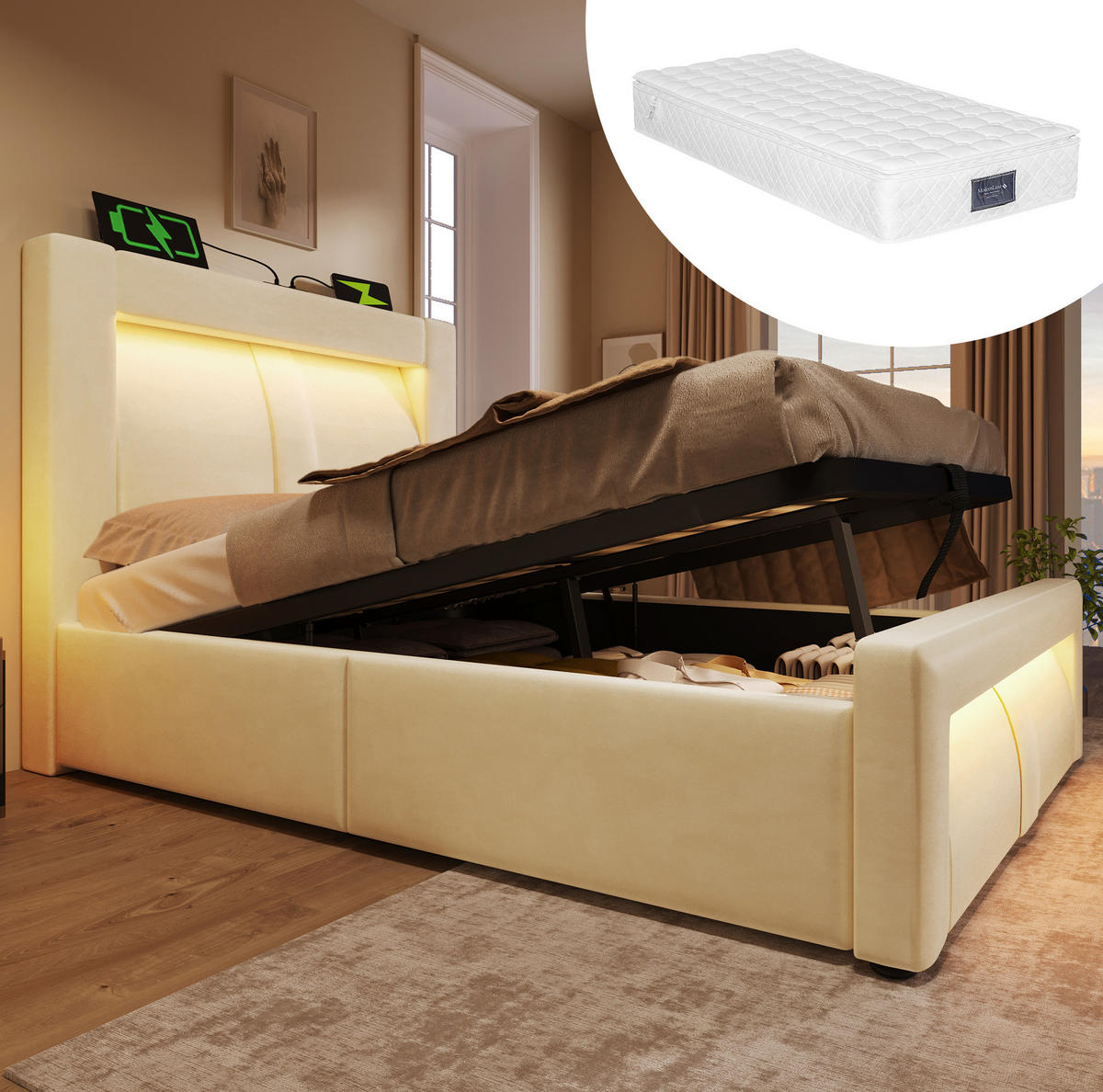 BETT mit Stauraum 90x200 cm Samt Beige inkl. Matratze - Beige, Metall (90/200cm) - Meubliv