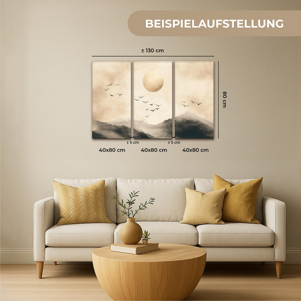 LEINWANDBILD 3er Set Landschaft - Japandi - Beige - Vögel 120x80 cm - Beige, Textil (120/80cm) - MuchoWow