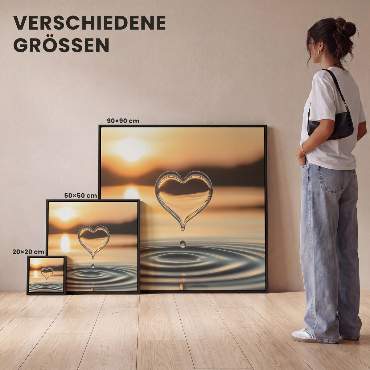 LEINWAND Bilder mit Rahmen - Herz - Wasser - Sonnenuntergang - Natur - Zen - 20x20 - Bernsteinfarben, Textil (20/20cm) - MuchoWow