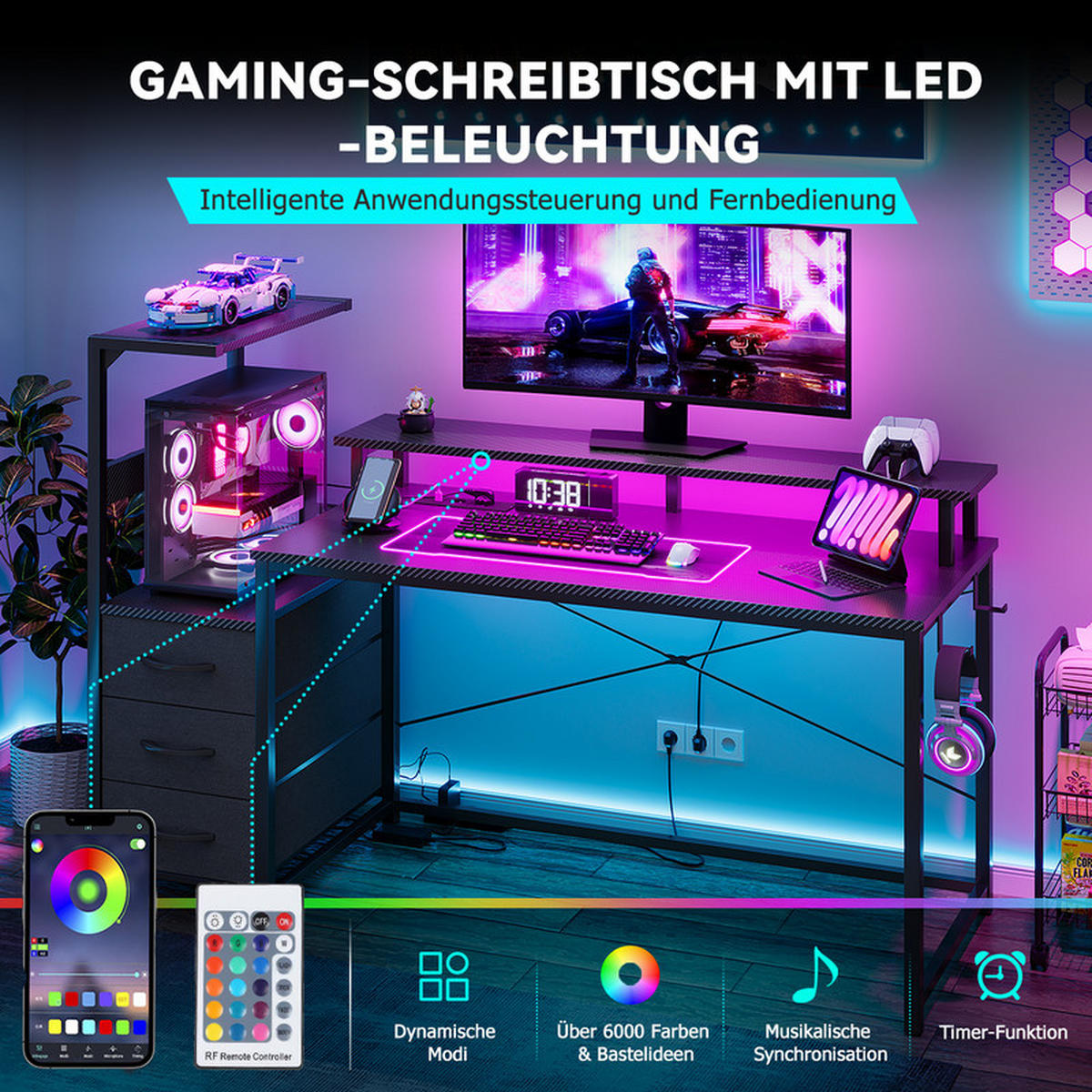 GAMINGTISCH mit Led, 150 x 50 x 75 cm, umkehrbarer Gamer-Schreibtisch mit Bildschirmunterstützung, 3 Schubladen, 2 Steckdosen und USB - Schwarz, Metall (150/48/75cm)