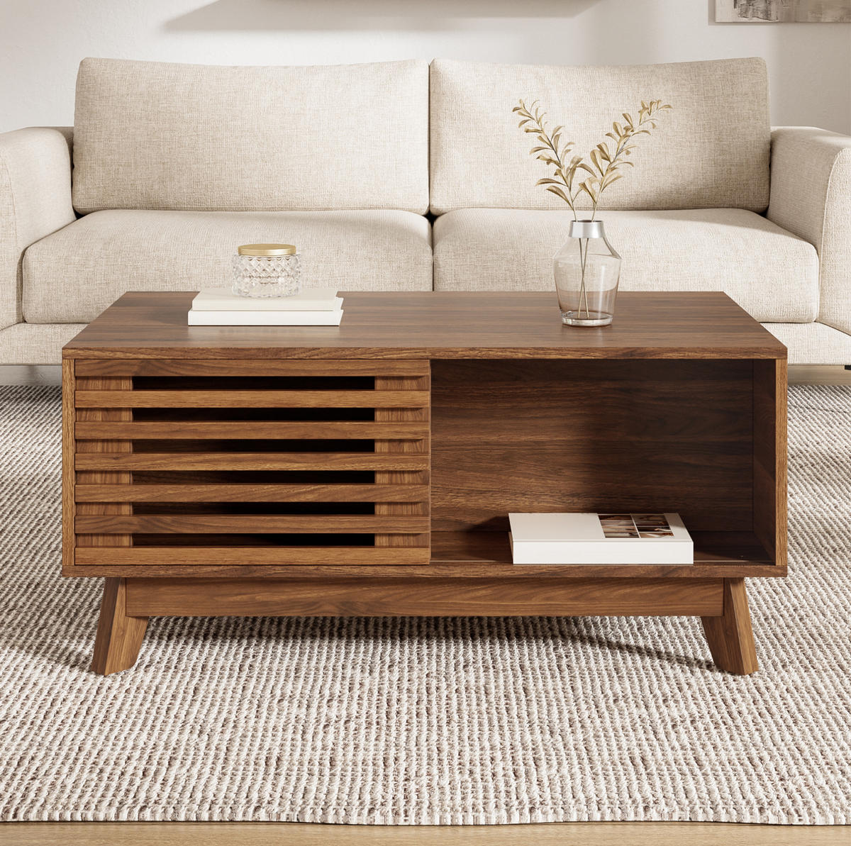 COUCHTISCH aus MDF 90x55x57,5 cm in Walnuss-Optik mit höhenverstellbarer Tischplatte und Stauraum - Nussbaumfarben, Holzwerkstoff (90/55/57.5cm) - IVMEU