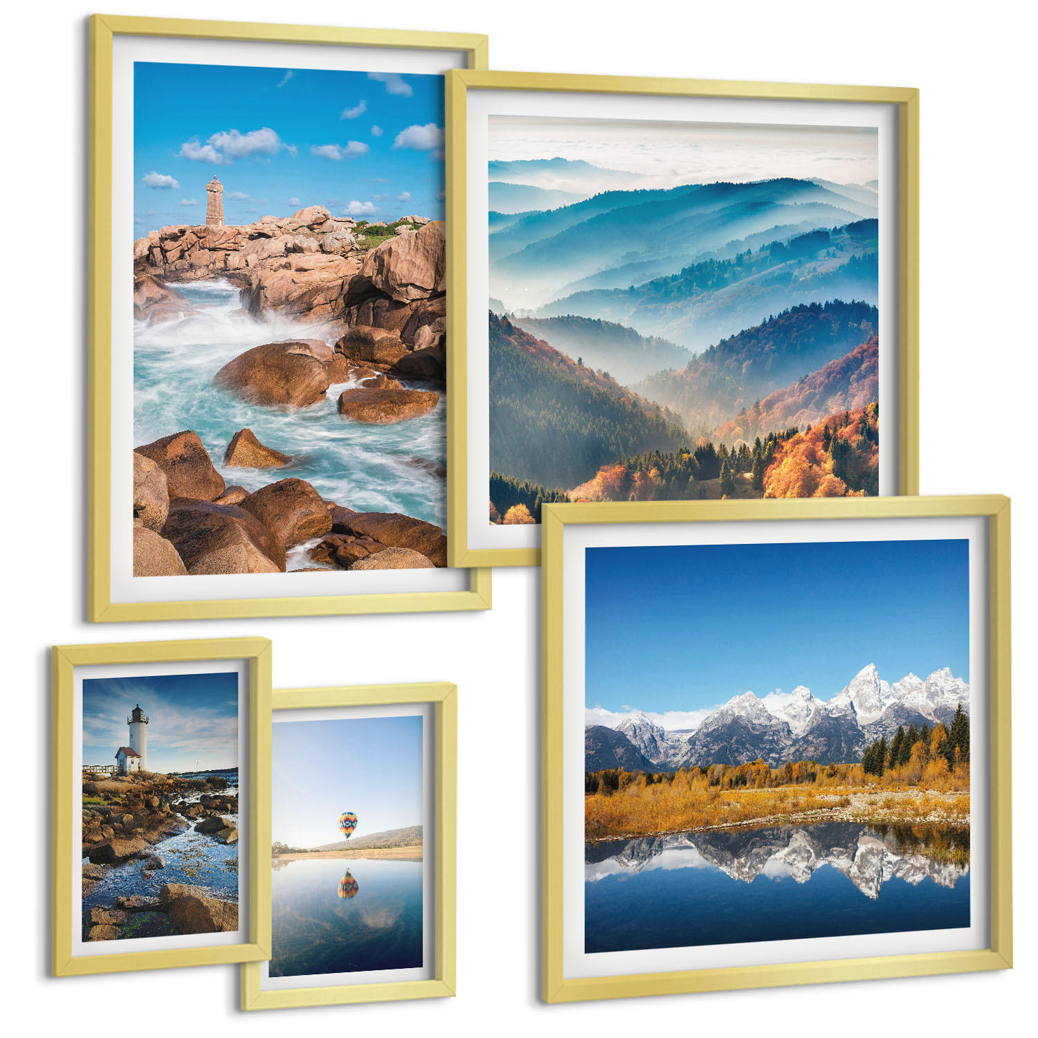 BILDER SET 5er Set - 50x50 cm & 20x30 cm & 40x60 cm Goldrahmen - Ausblicke auf die Natur, Leuchtturm, Berge - Goldfarben, Kunststoff (40/60cm) - TULUP