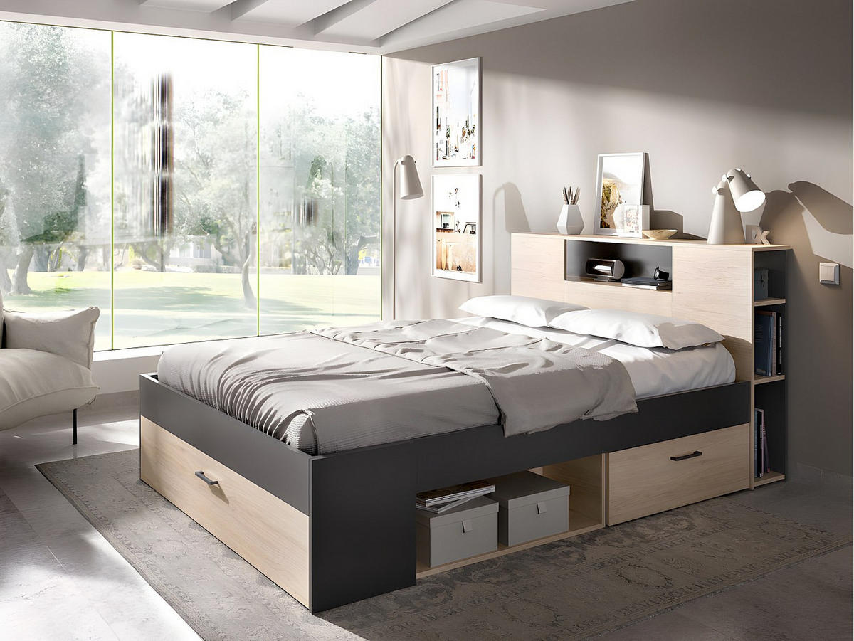 BETT mit Kopfteil, Stauraum & Schubladen - 140 x 190 cm - Naturfarben & Anthrazit - LEANDRE - Anthrazit, Holz (149.6/218.5cm) - Vente-Unique