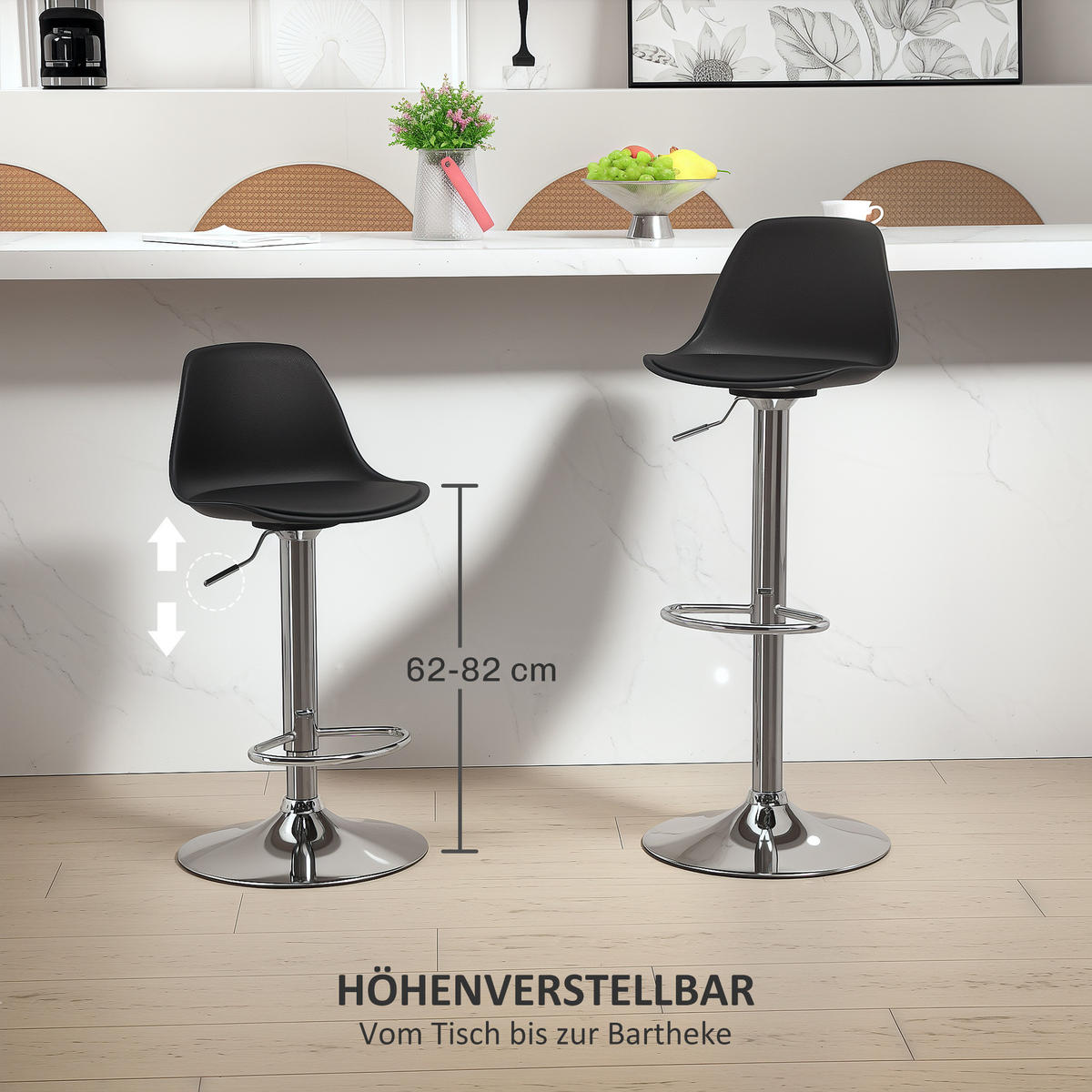 BARHOCKER 2er Set, Gepolstert Barstuhl mit Stahlgestell, Lehne für Küche Schwarz - Schwarz, Leder (38/104/42cm) - HOMCOM
