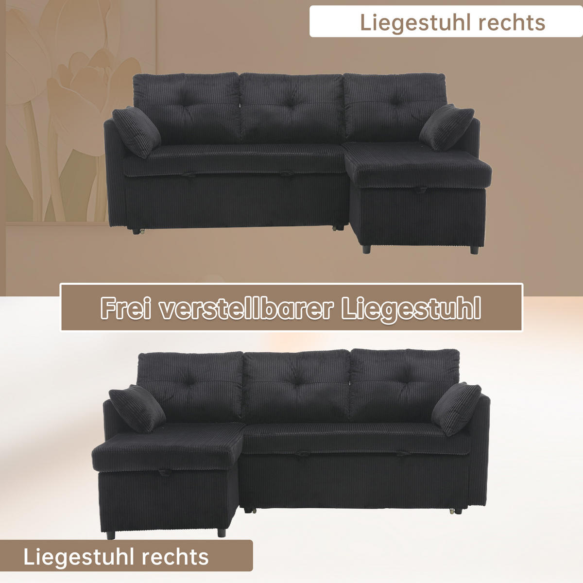 ECKSCHLAFSOFA Cord modular mit Stauraum Schwarz 206/108/66 cm - Schwarz, Textil (108/206cm) - Redom