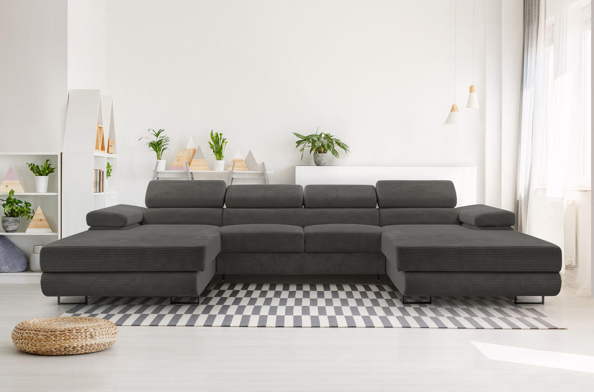 WOHNLANDSCHAFT Arborio Schwarz 352/202/90 cm mit Schlaffunktion - Schwarz, Textil/Metall (352/90/202cm) - AX Living