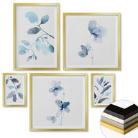 WANDBILDER 5er Set - 50x50 cm & 20x30 cm & 40x60 cm Goldrahmen - Aquarell von blauen Blättern - Goldfarben, Kunststoff (40/60cm) - ArtPrintCave