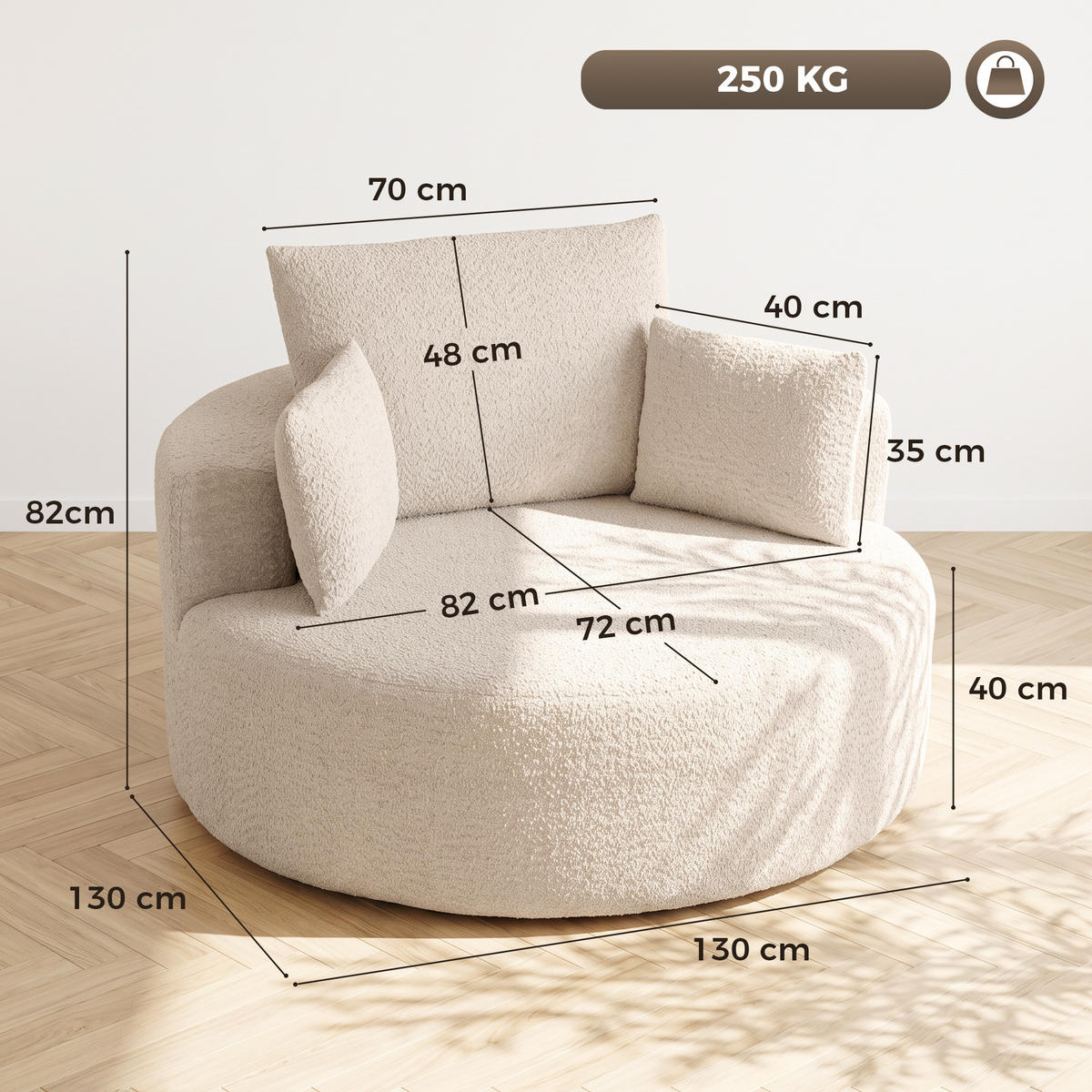SESSEL Creme 130/130/82 cm - Creme, Textil (130/82/130cm) - PANGIVO