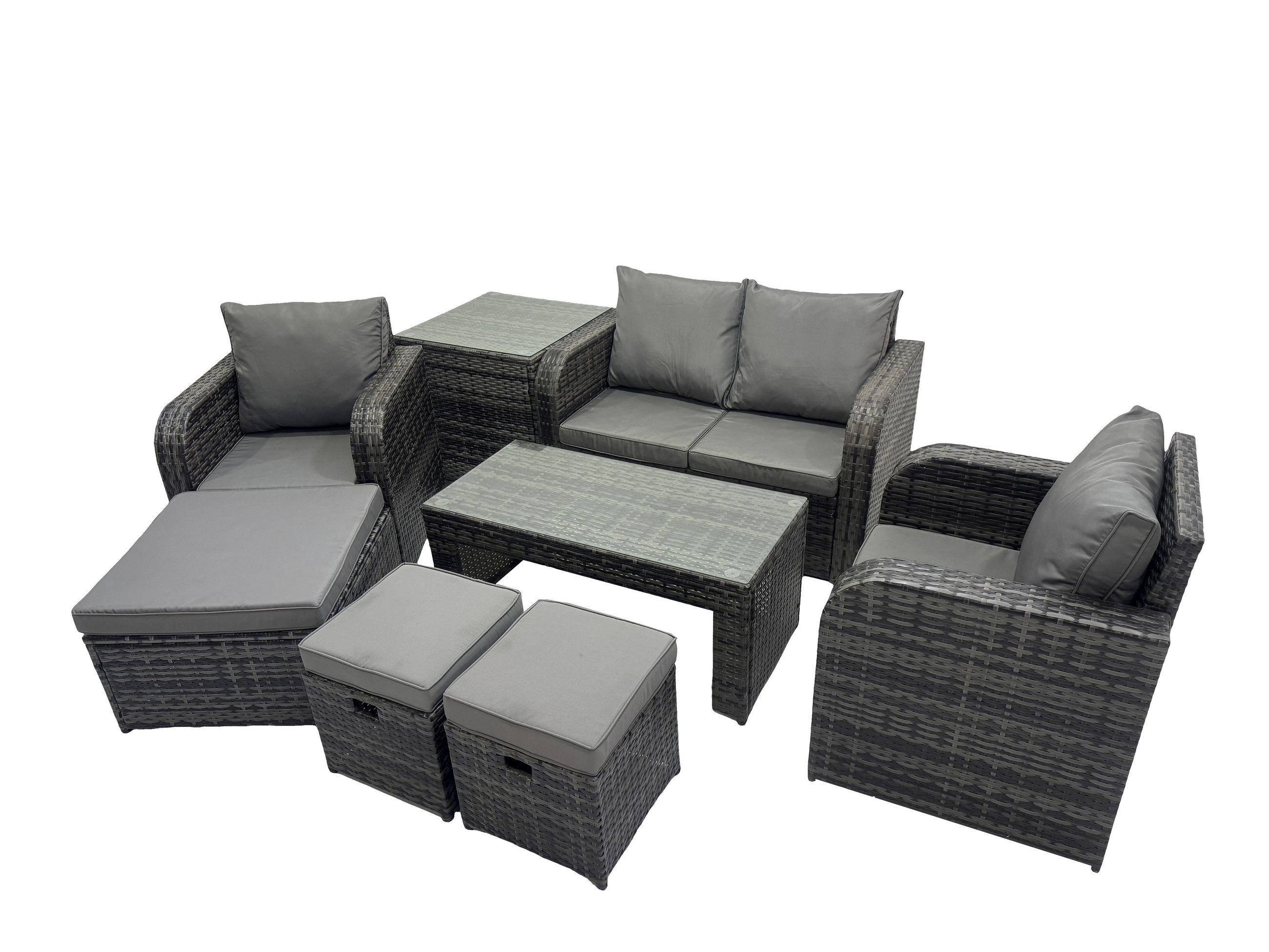 GARTENSOFA SET mit COUCHTISCH Polyrattan 7-Sitzer - Dunkelgrau/Grau, Glas/Kunststoff - Fimous