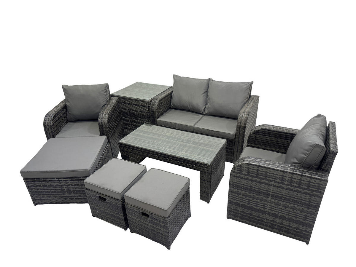 GARTENSOFA SET mit COUCHTISCH Polyrattan 7-Sitzer - Dunkelgrau/Grau, Glas/Kunststoff - Fimous