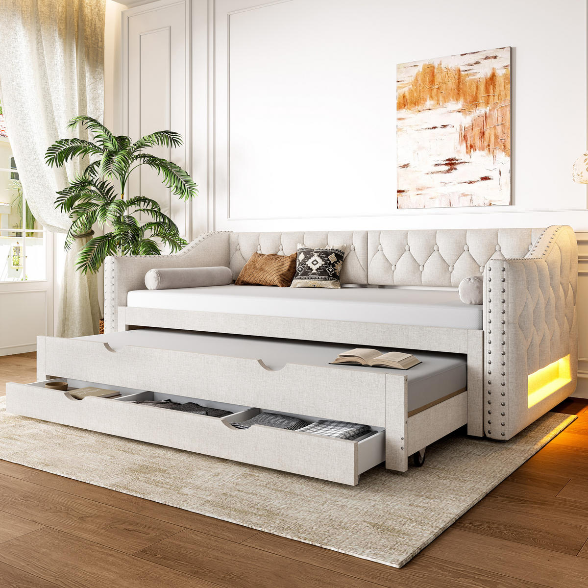 BETT 90/200 cm in Beige Leinen mit Ausziehbett, LED und 3 Schubladen - Weiß, Holzwerkstoff/Textil (90/200cm) - WISHDOR
