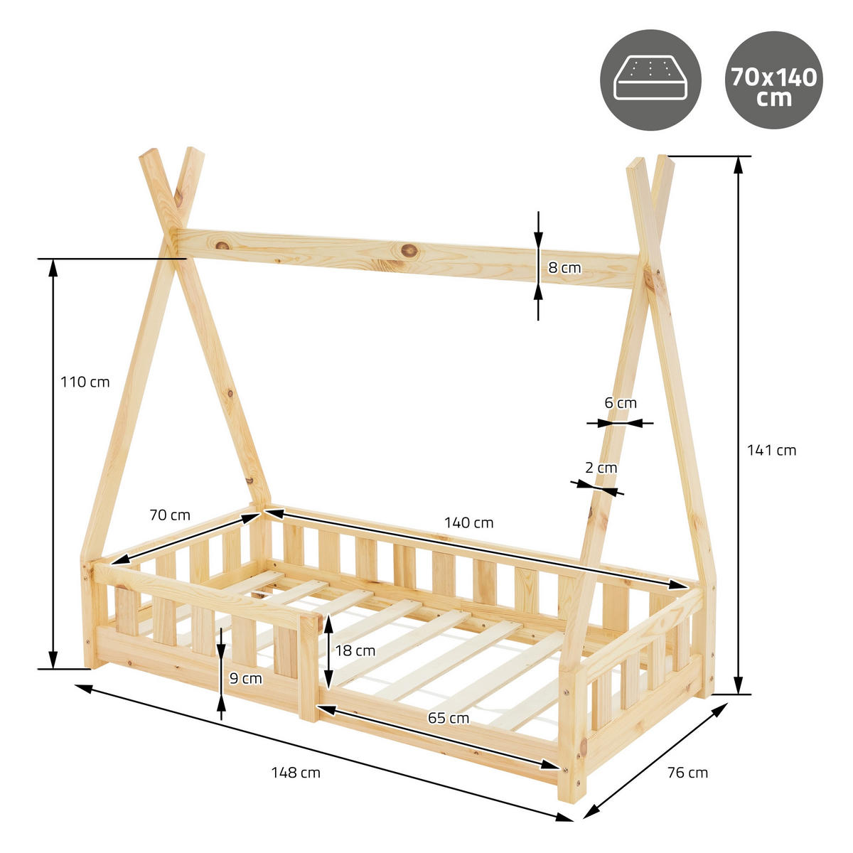 KINDERBETT Tipi 70x140 cm Natur - Naturfarben, Holz (70/140cm) - ML-DESIGN