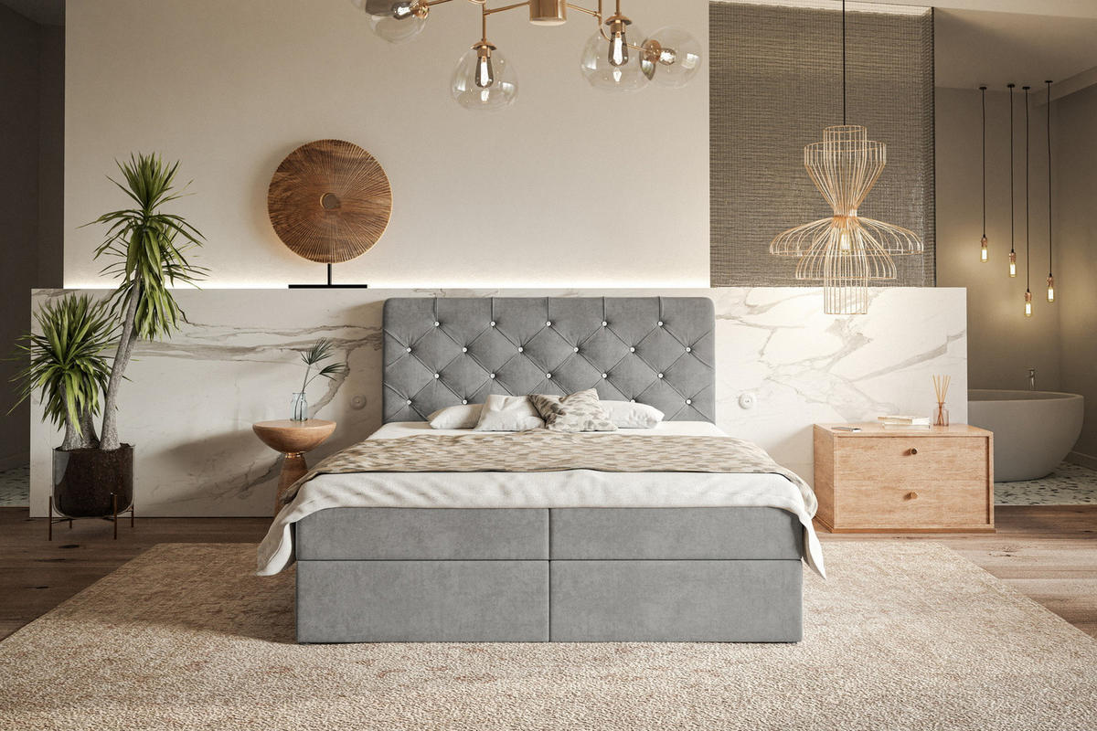 DOPPELBETT mit Matratze 140x200 Polo, Kristallknöpfen, Bettkasten, Hellgrau - Hellgrau, Holz/Textil (140/200cm) - Emporius