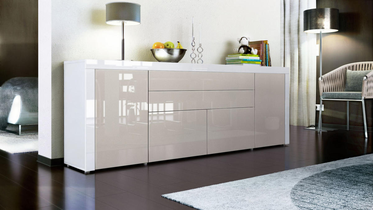 SIDEBOARD La Paz Sandgrau Hochglanz / Weiß Hochglanz - Sandfarben, Holzwerkstoff (200/72/35cm) - Vladon