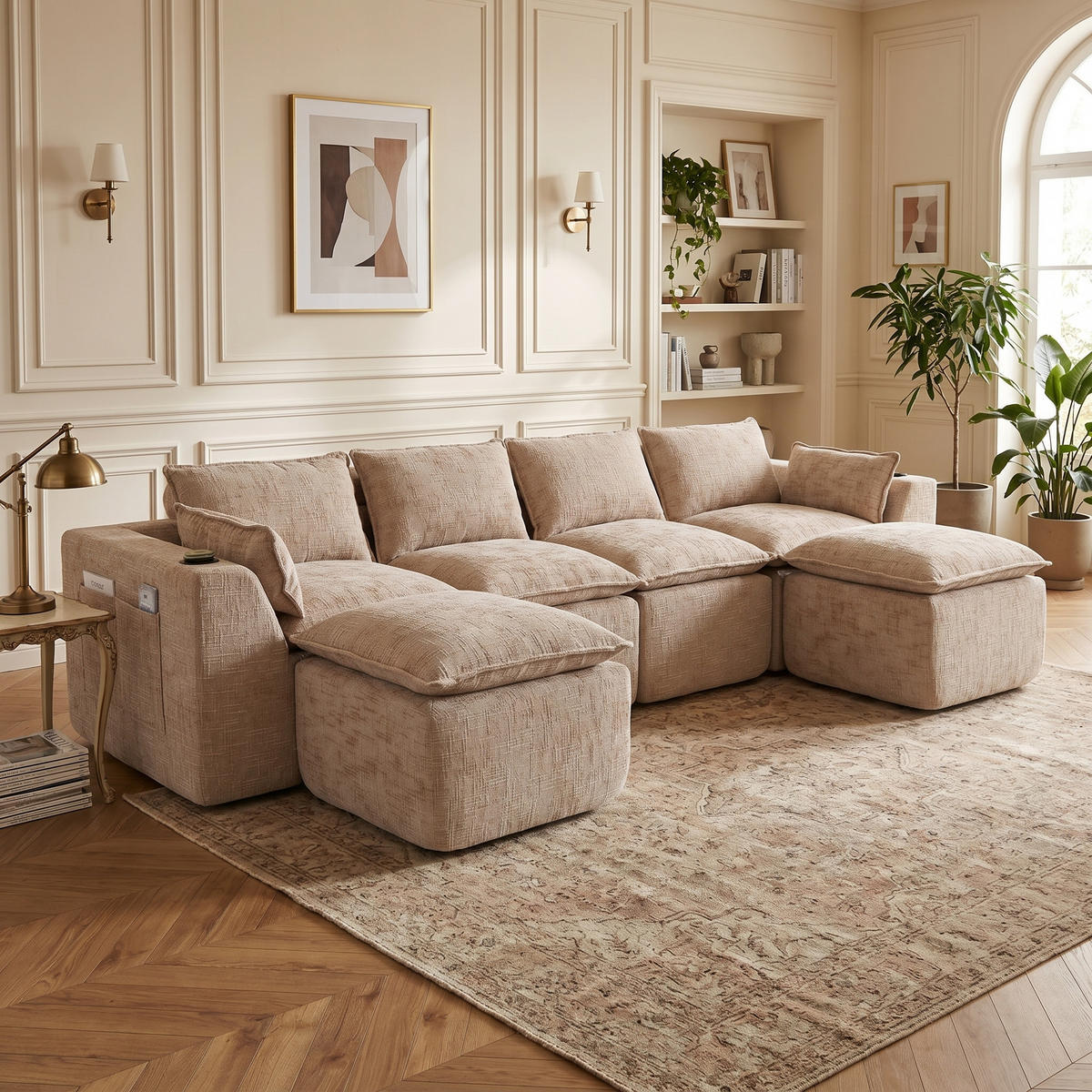 CANAPEA CU 4 LOCURI din chenille, cu 2 taburete și suporturi pentru băuturi - nisipiu, material textil (322/75/161cm) - Urban Meuble