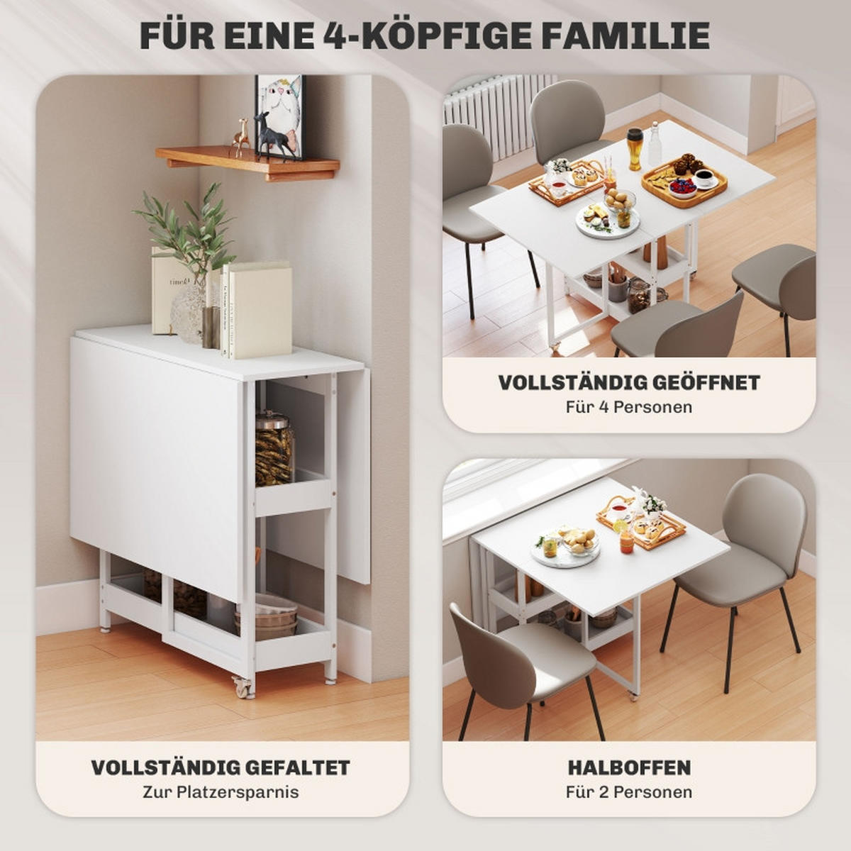 KLAPPTISCH 133,4/80/75 cm in Weiß – platzsparend mit Ablagen und Rollen - Weiß, Holz (133.4/80/75cm) - BEAOK