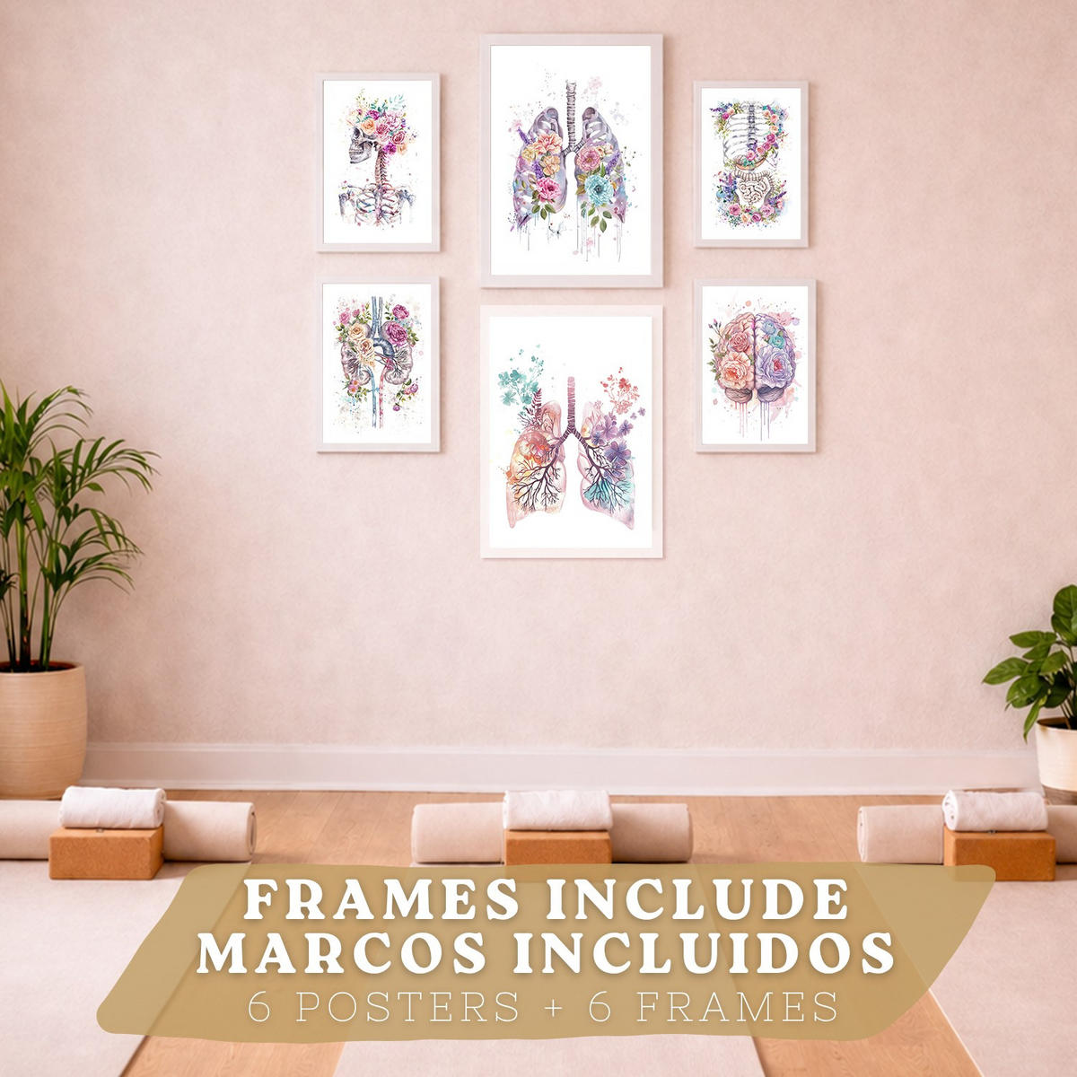 POSTER Set aus 6 Anatomie Mensch Florale Aquarell Drucke und mit Gehirn Lungen Skelett Nieren und Organen Botanische Größe Weißer Rahmen A3 & A4 - Weiß, Papier (29.7/42/3cm) - Nacnic