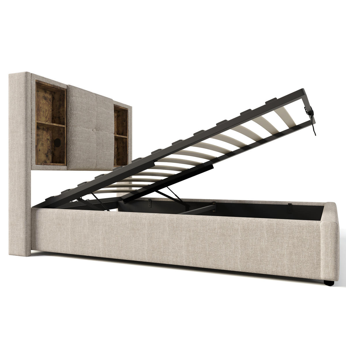 POLSTERBETT 90/200 cm aus Leinen mit kabelloser Ladefunktion, USB-C, Bettkasten und Matratze, Natur - Naturfarben, Textil (90/200cm) - Redom