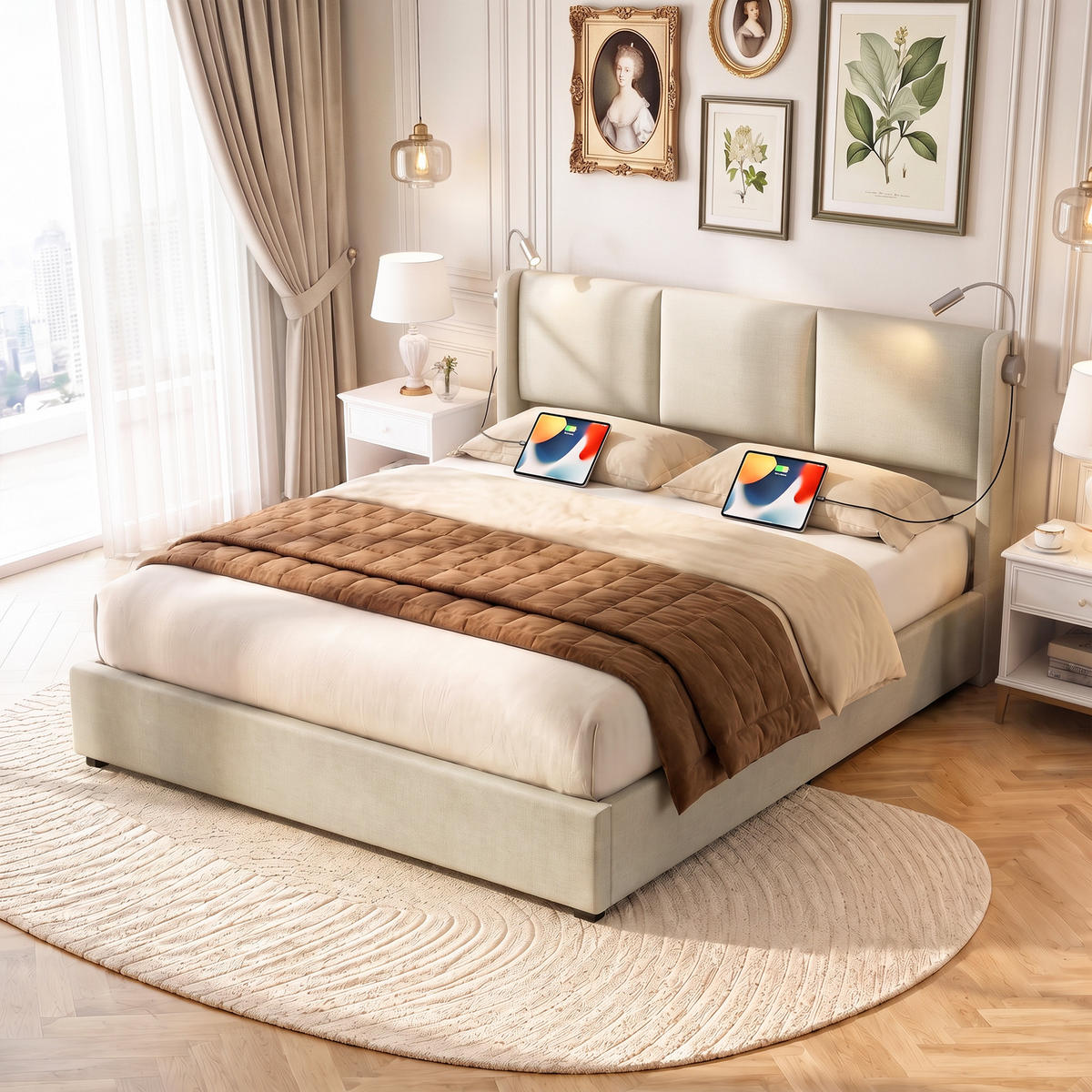 POLSTERBETT 160x200 cm mit Stauraum, Ladestation, Kopfteillampe - Beige, Holzwerkstoff/Textil (160/200cm) - WoodenAura