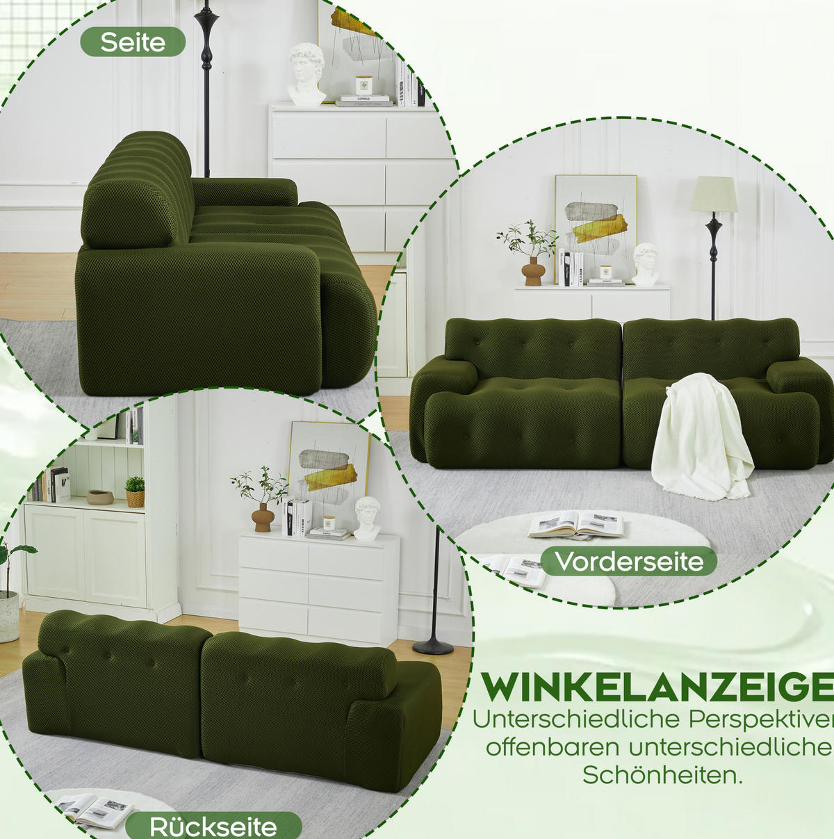 2-SITZER-SOFA aus Stoff 224x104x66 cm Grün mit breiten Armlehnen und montagefreiem Design - Grün, Textil (224/66/104cm) - Modfu