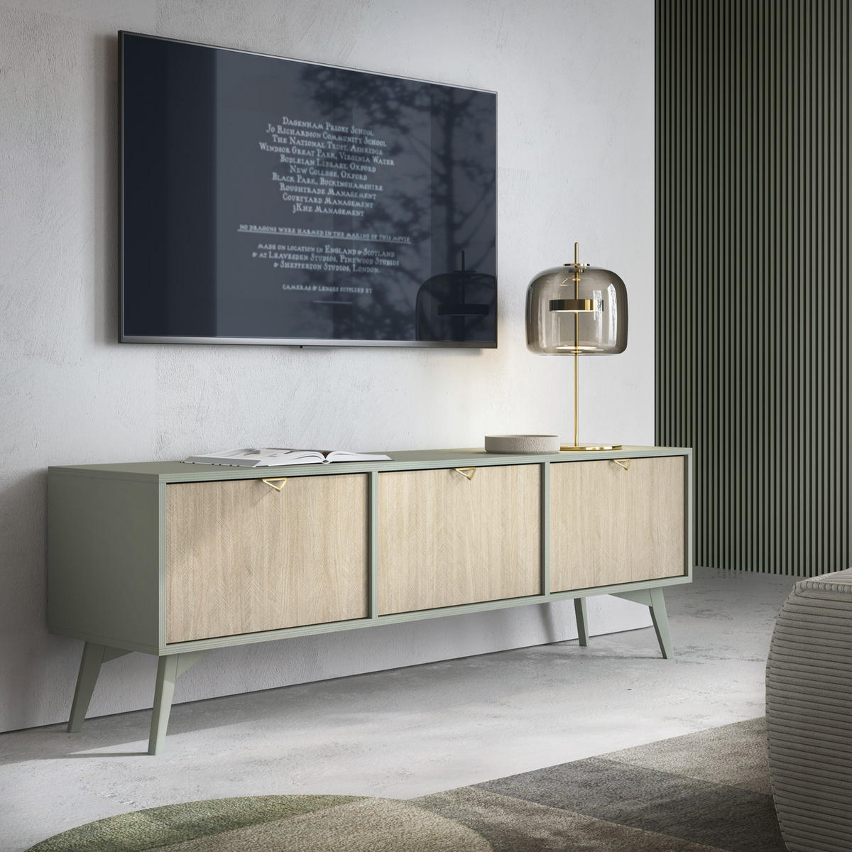 LOWBOARD Silva 158 cm in der Farbe Eukalyptus + Scandi-Fischgrätmuster mit Türen - Goldfarben/Grün, Holz/Holzwerkstoff (158/53/38cm) - Ravio