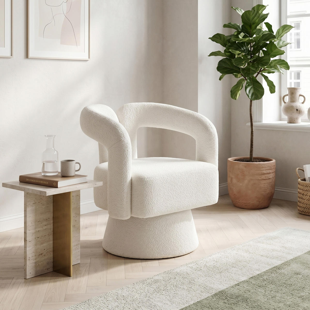 DREHSESSEL 360° Boucle Akzentstuhl Polstersessel für Wohnzimmer & Büro - Beige, Textil (67/74/55cm) - Urban Meuble