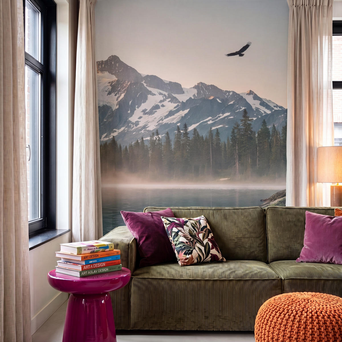 TAPETE - Berge - Wasser - Bäume - 160x240 cm - Multicolor, Papier (160/240cm) - OnlyWow