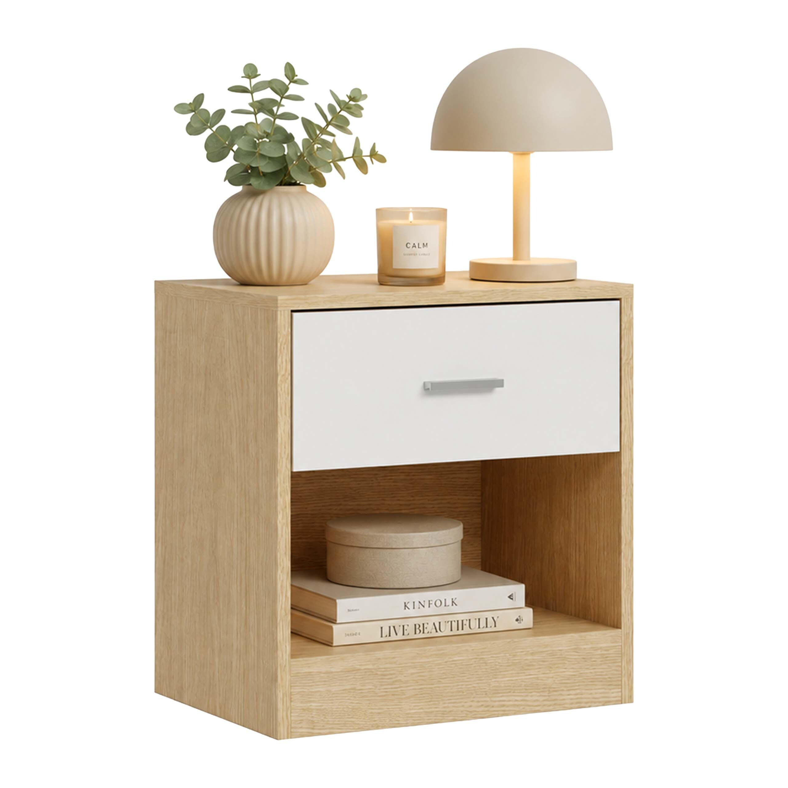 NOČNÍ STOLEK Bílý se zásuvkou - světle hnědá, kompozitní dřevo (39/41/28cm) - Relaxdays