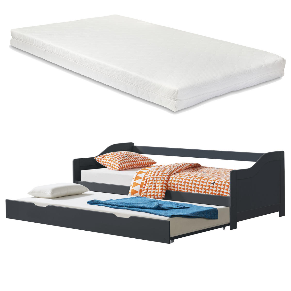 SOFABETT mit Matratze - Dunkelgrau, Holz/Textil (90/200cm) - [en.casa]