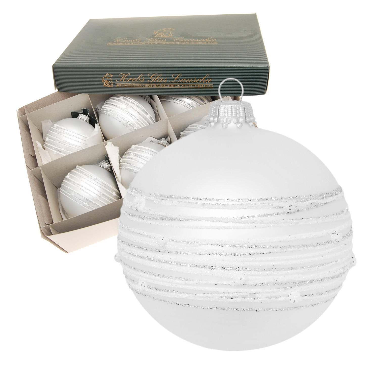 CHRISTBAUMKUGELN Streifenzauber Weiß 8cm (Glas / 6 Stk.) - Weiß, Glas (8/8/8cm) - Krebs Glas Lauscha