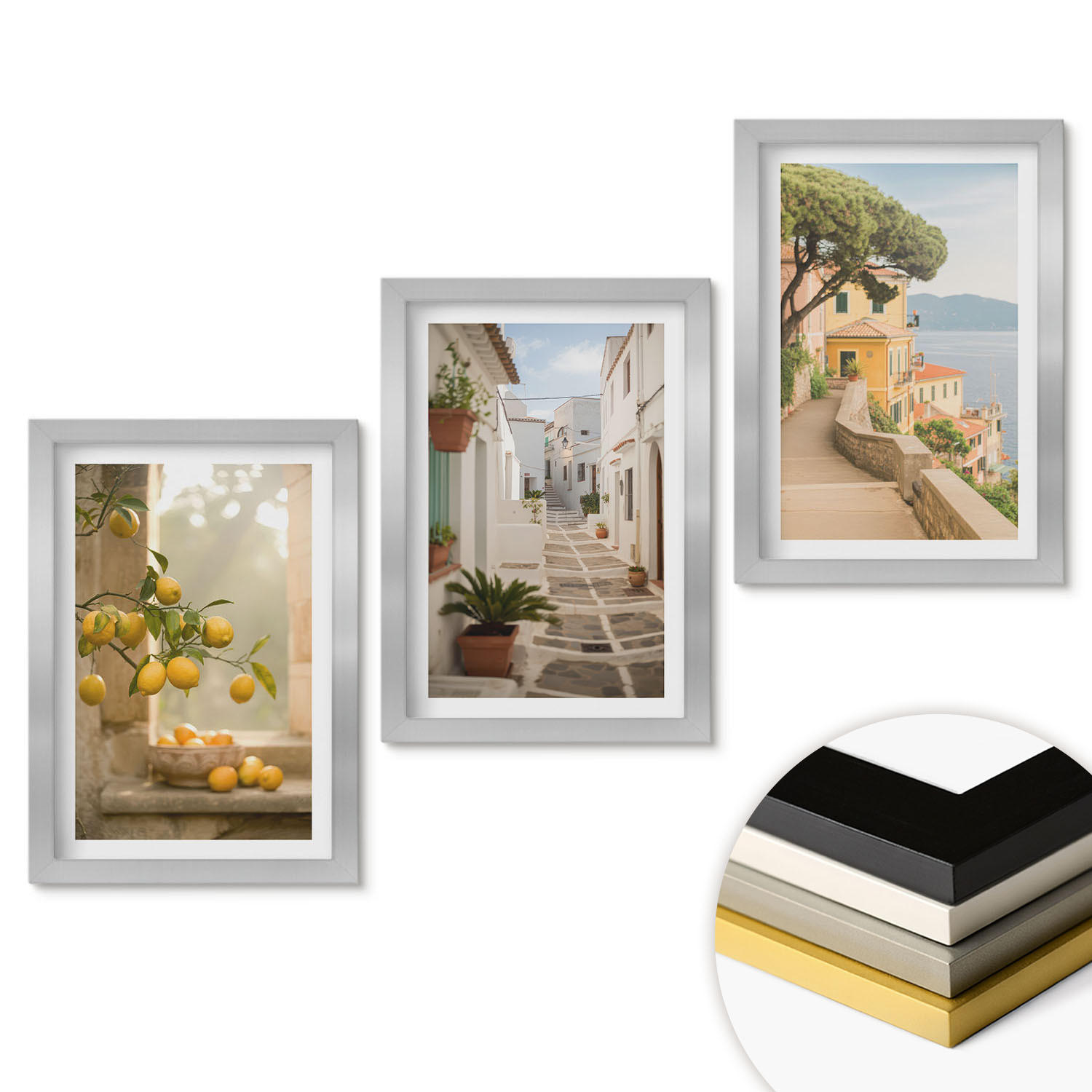 WANDBILDER 3er Set - 20x30 cm Silberner Rahmen - Blick aus dem Fenster auf einen Zitrusbaum - Silberfarben, Kunststoff (20/30cm) - ArtPrintCave