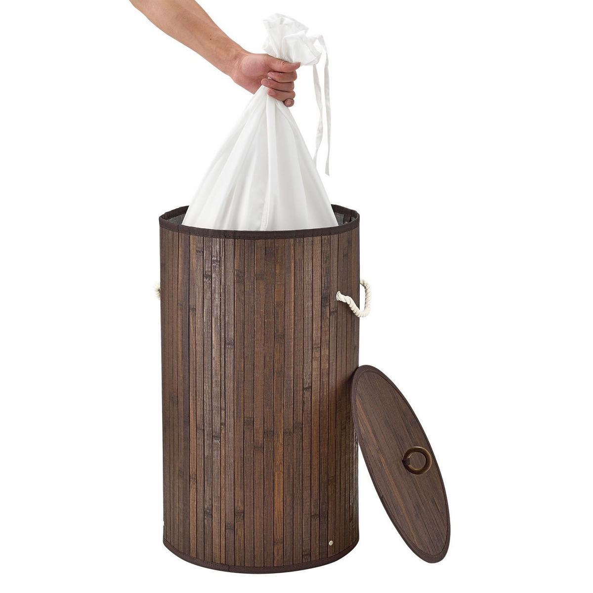 WÄSCHEKORB Curly-Round 55 L natur - Braun, Holz (35/60/35cm) - Juskys