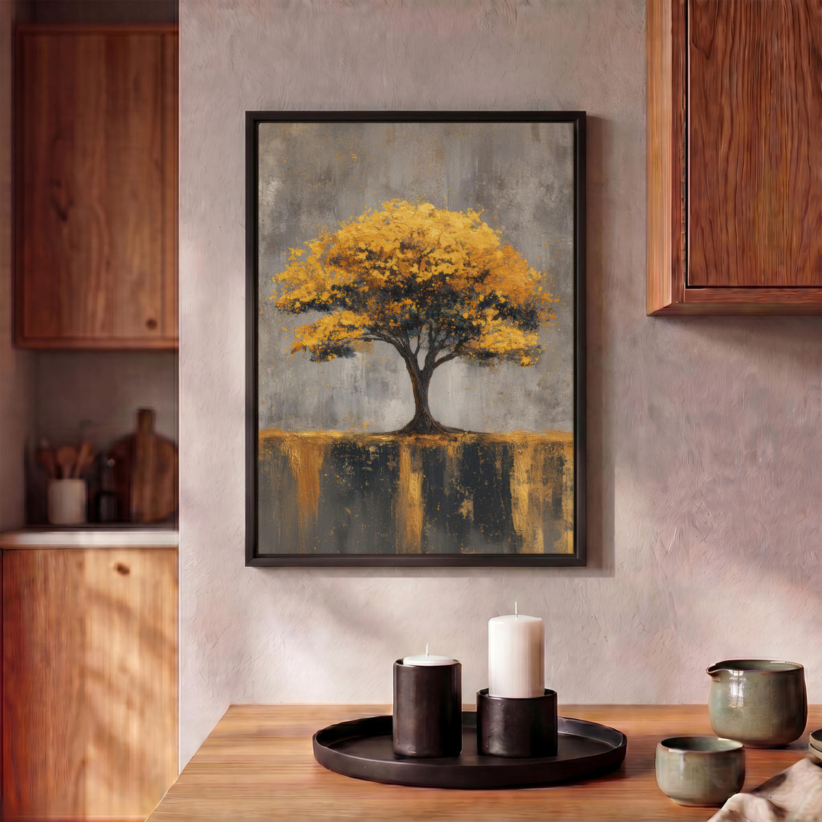 LEINWAND Bilder mit Rahmen - Baum - Blätter - Gold - Abstrakt - 30x40 - Grau, Textil (30/40cm) - MuchoWow